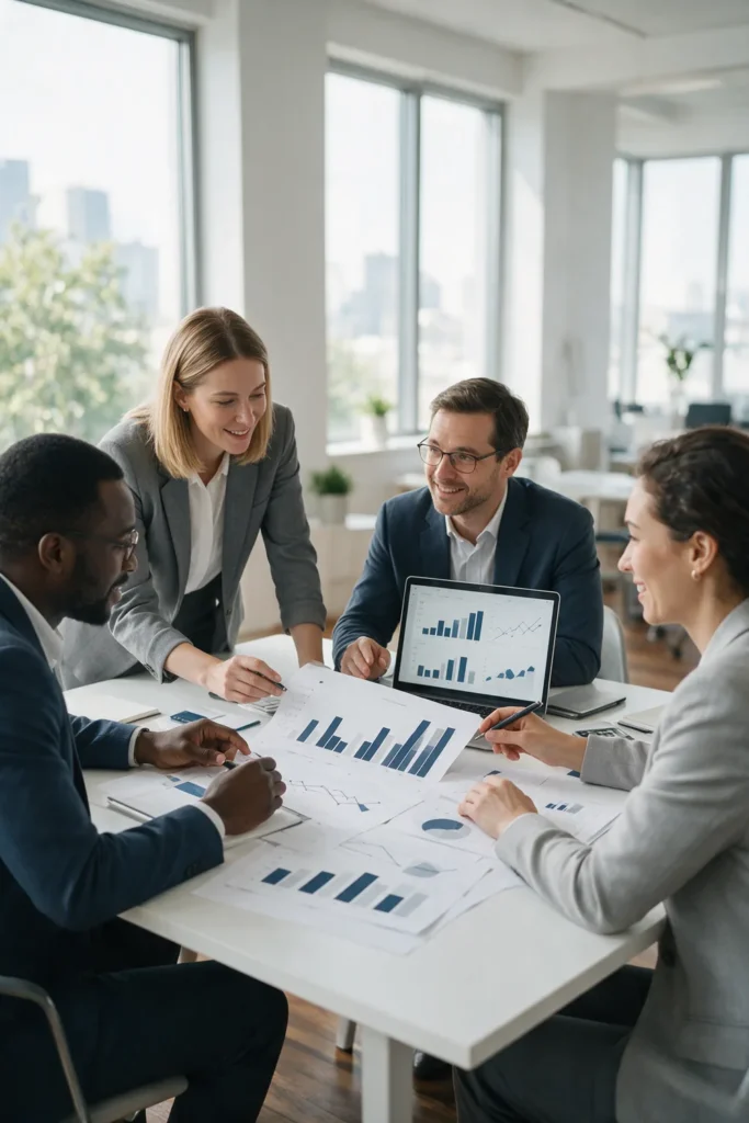 Equipe de profissionais analisando gráficos de remuneração em uma mesa de reunião